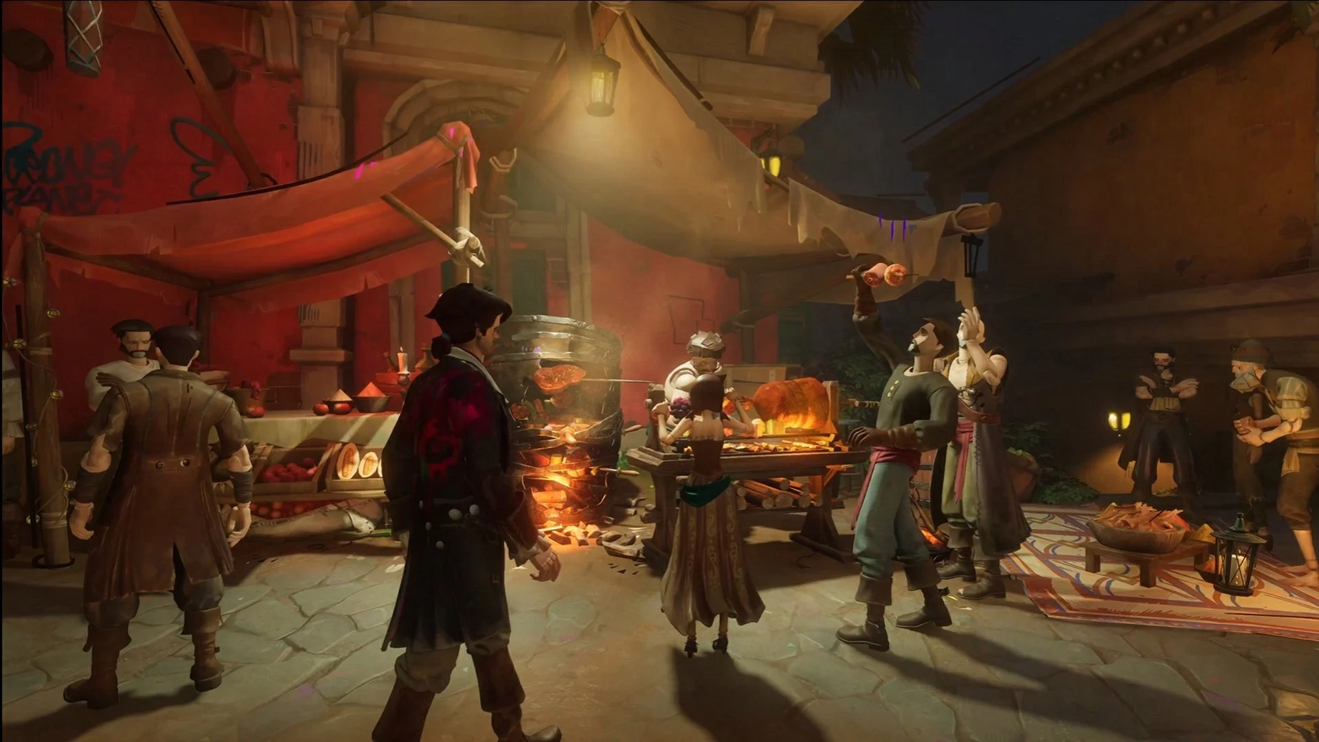 夜の市場のような場所で、人々が食べ物の屋台の周りに集まり、肉をグリルしている賑やかな光景。ランタンの光が温かい雰囲気を醸し出しており、ファンタジーの世界観が感じられる。