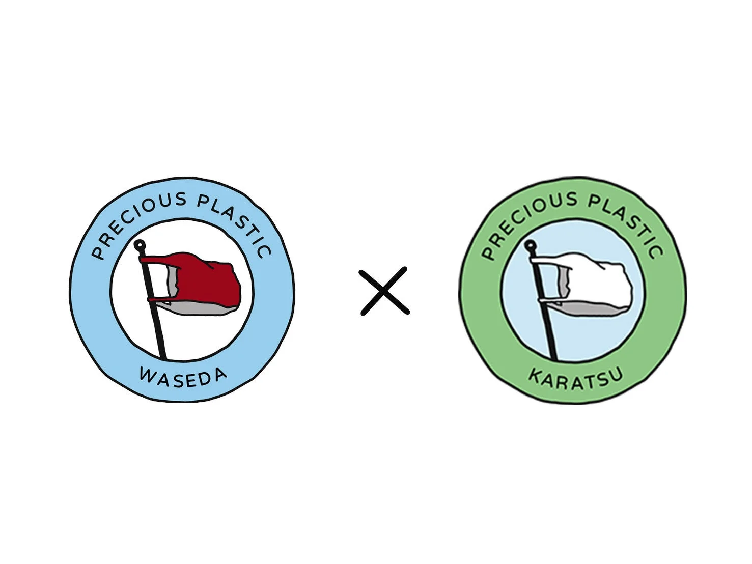 PRECIOUS PLASTIC WASEDAとPRECIOUS PLASTIC KARATSUのロゴ