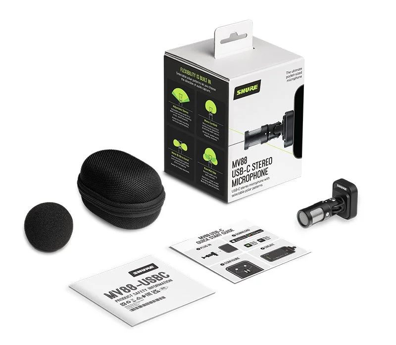 Shure MV88 USB-Cステレオマイクの製品パッケージと内容物