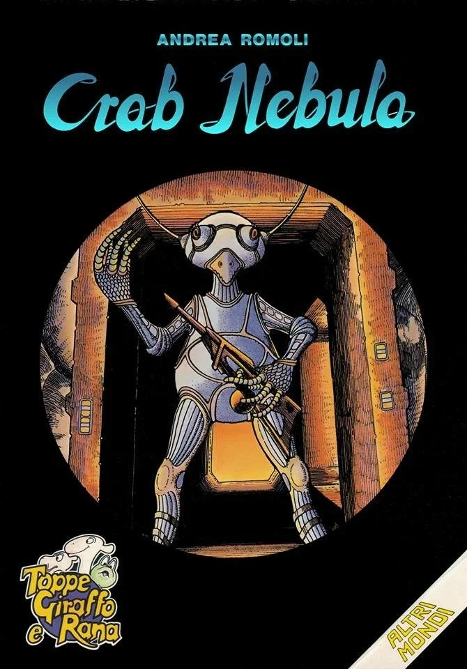 鳥のような顔をしたロボットまたはエイリアンのキャラクターが武器を持つSFコミックカバー