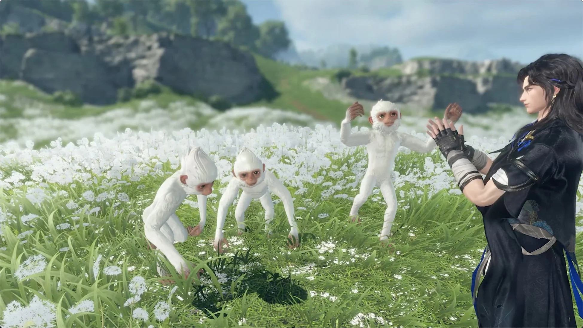 仙居原で動物と交流するキャラクター