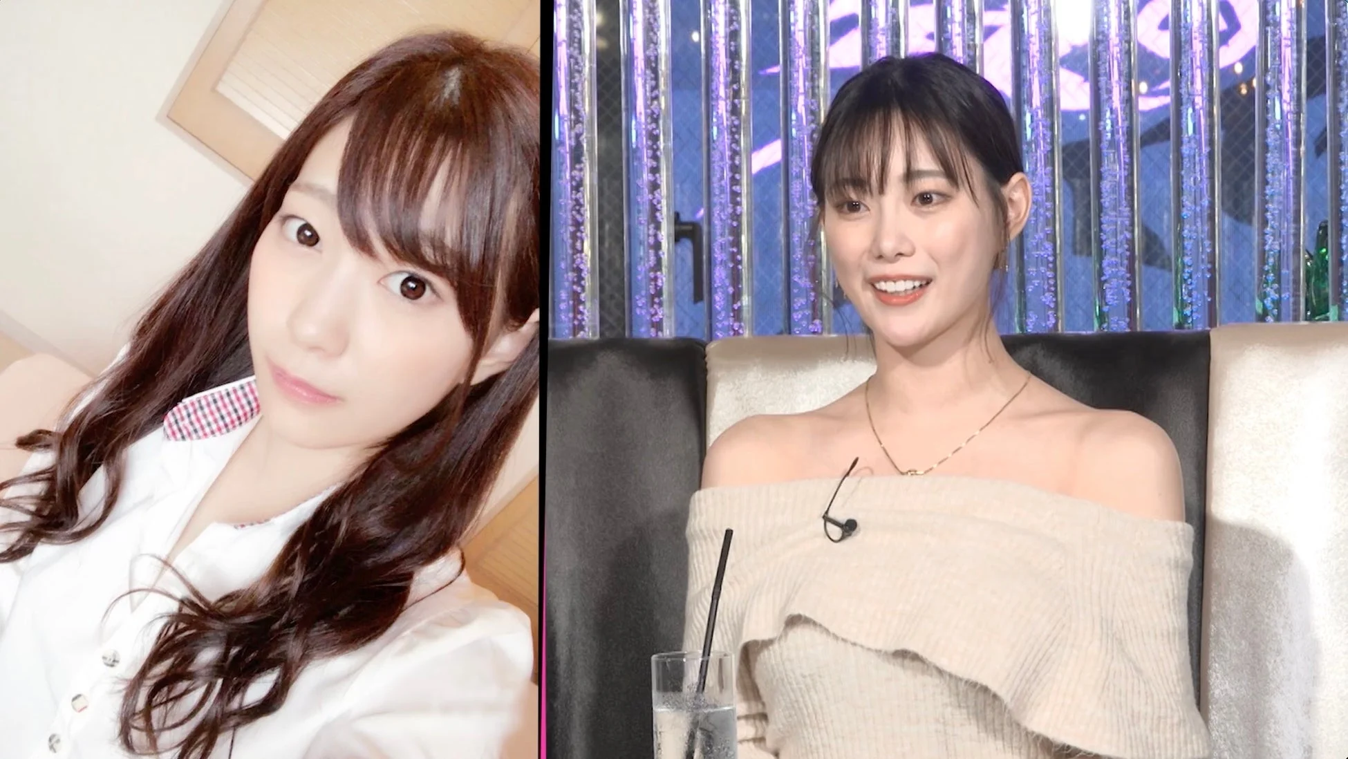 女性のポートレートと、オフショルダーの服を着て笑顔を見せる女性がスタジオのような場所で座っている