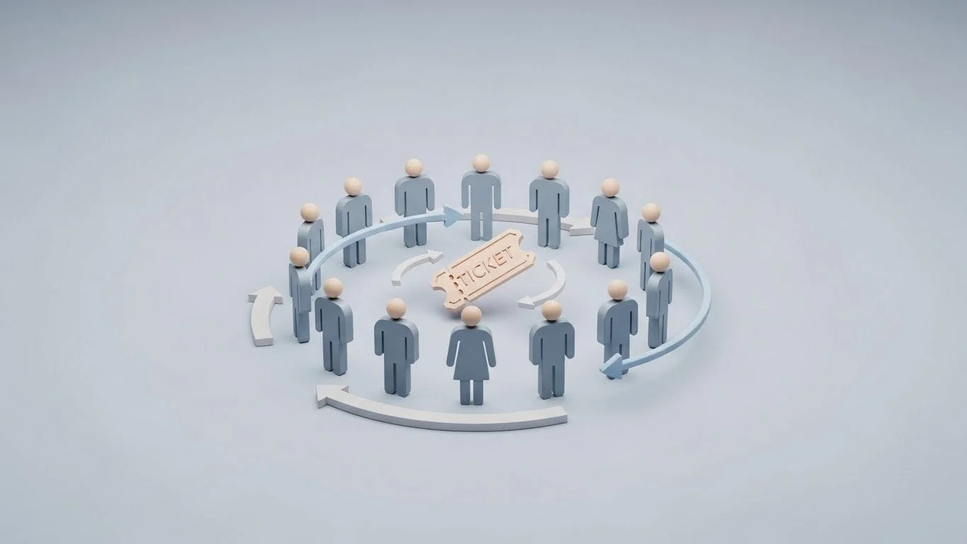 多数の人型が円状に並び、その中心に「TICKET」と書かれたチケットが置かれている様子