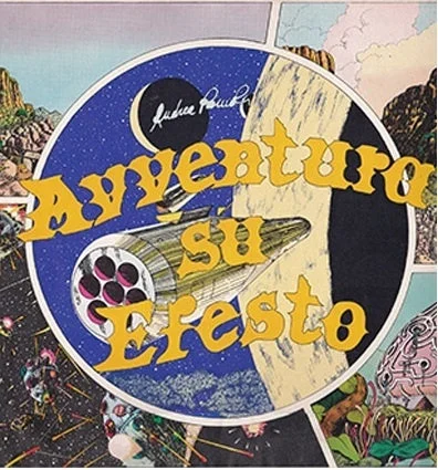 「Avventura su Efesto」というタイトルが中央に大きく描かれた、レトロなSFコミックのイラスト