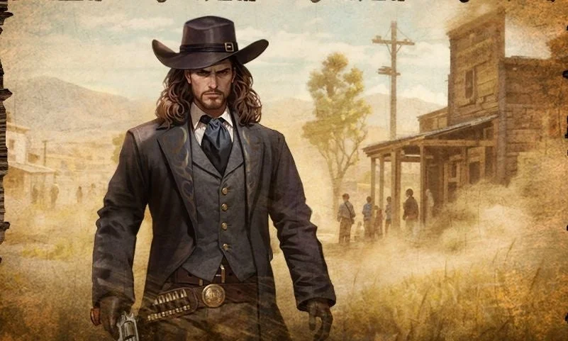 カウボーイハットを被り、リボルバーを持つ長髪の男が描かれた西部劇風のイラスト