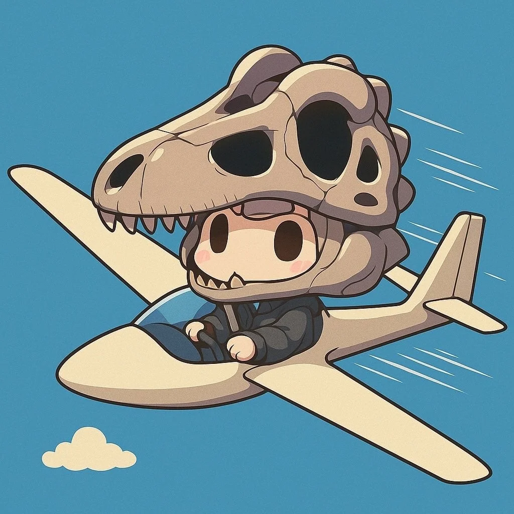 恐竜の頭蓋骨を被ったキャラクターが飛行機に乗るイラスト