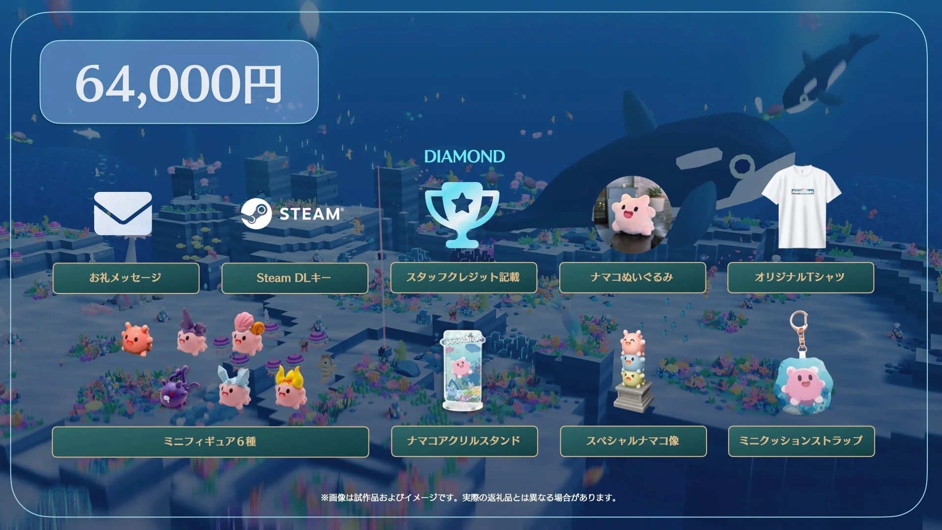 クラウドファンディング,リワード,ゲームグッズ,ぬいぐるみ,フィギュア,Tシャツ,アクリルスタンド,キーホルダー,Steam,海中,クジラ,ナマコ,キャラクター