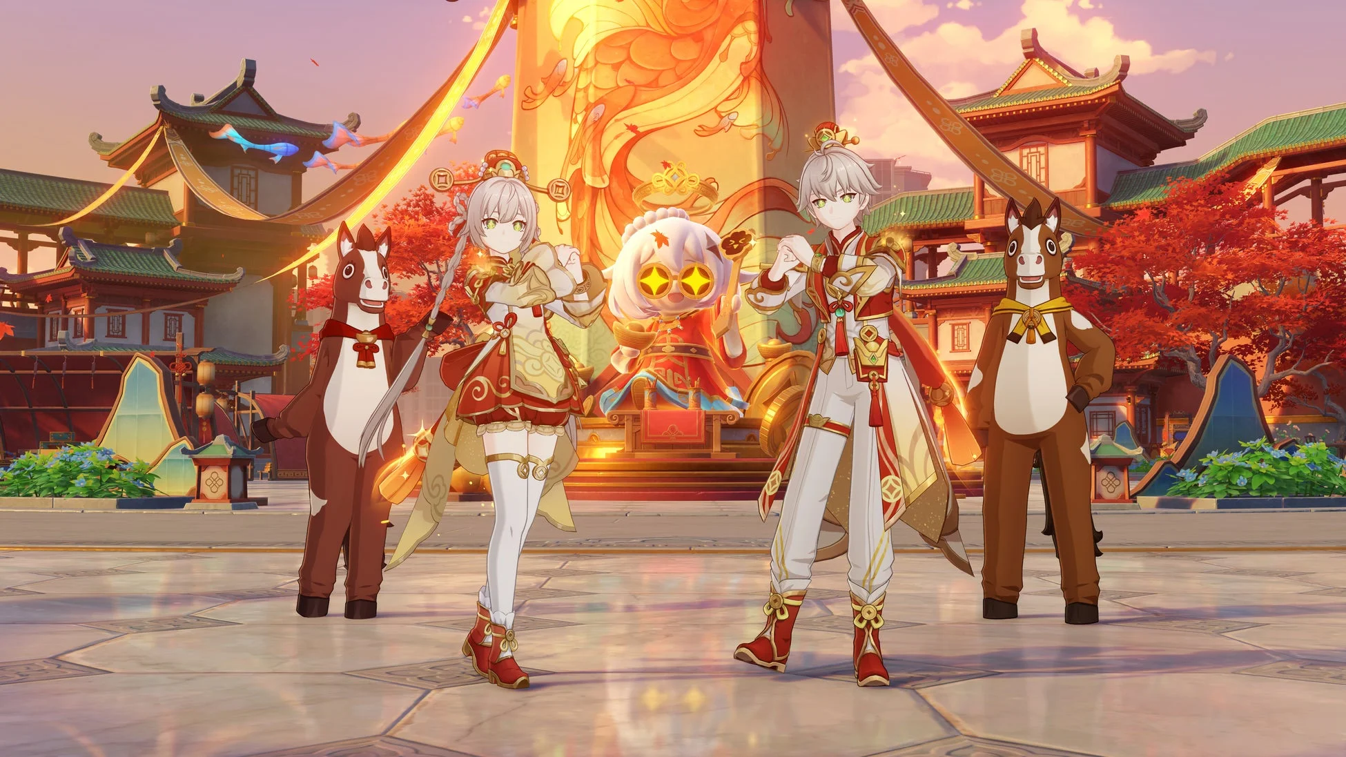 ゲーム「原神」のキャラクターたちが祭りを楽しむ様子