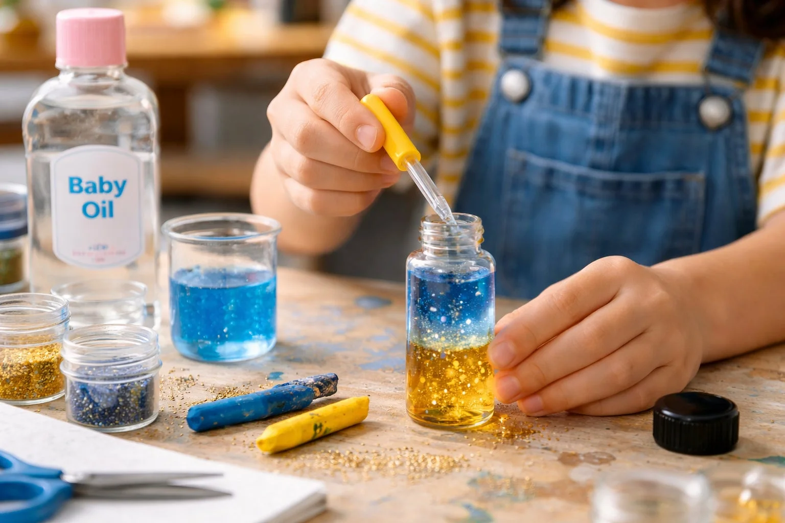 子供がベビーオイル、水、グリッターを使って、きらめく感覚ボトルを作っている様子です。スポイトで液体を瓶に注ぎ、楽しんで実験しています。