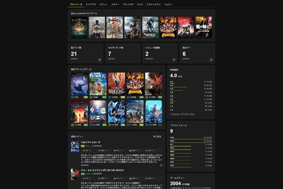 ユーザーのゲームプロフィール画面