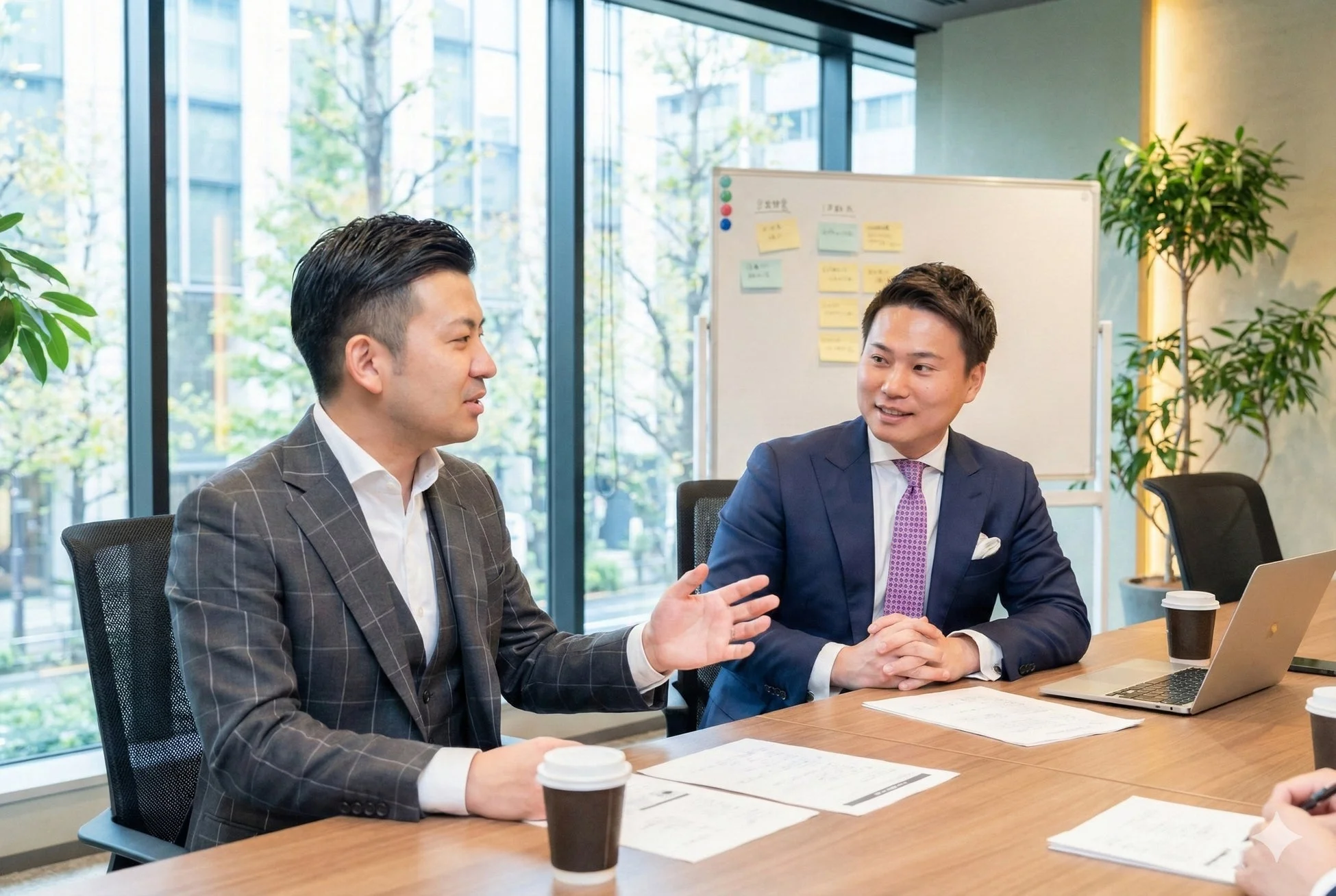 オフィスで二人のビジネスマンが会議室のテーブルを挟んで話し合っています。一人が身振り手振りを交えて話し、もう一人が笑顔で耳を傾けており、活発な意見交換が行われている様子です。