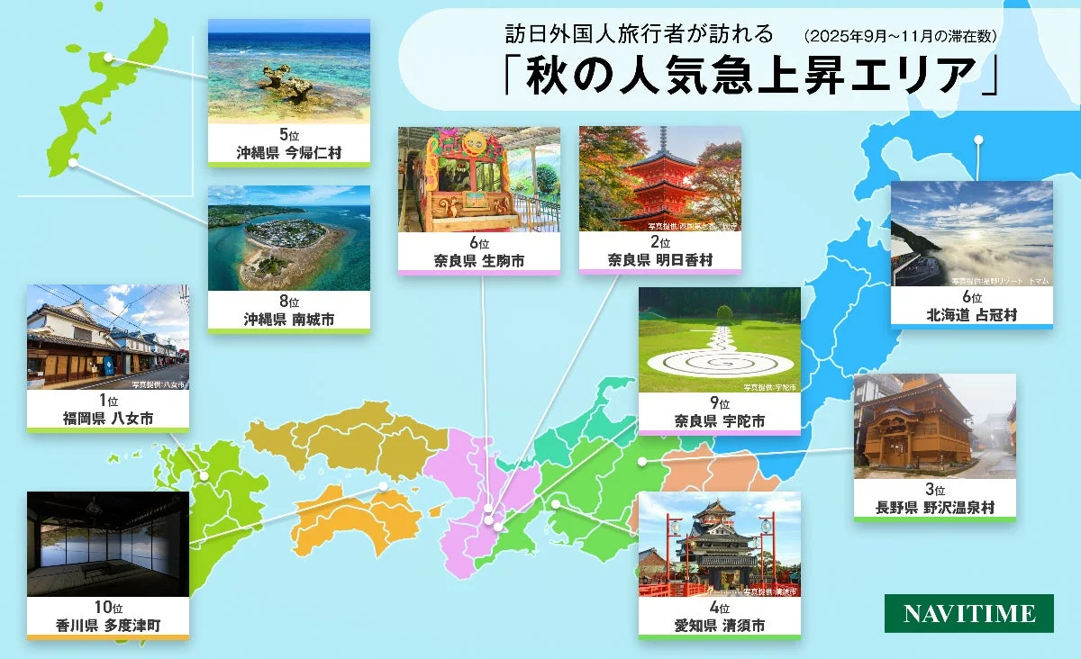 訪日外国人旅行者が訪れる「秋の人気急上昇エリア」マップ