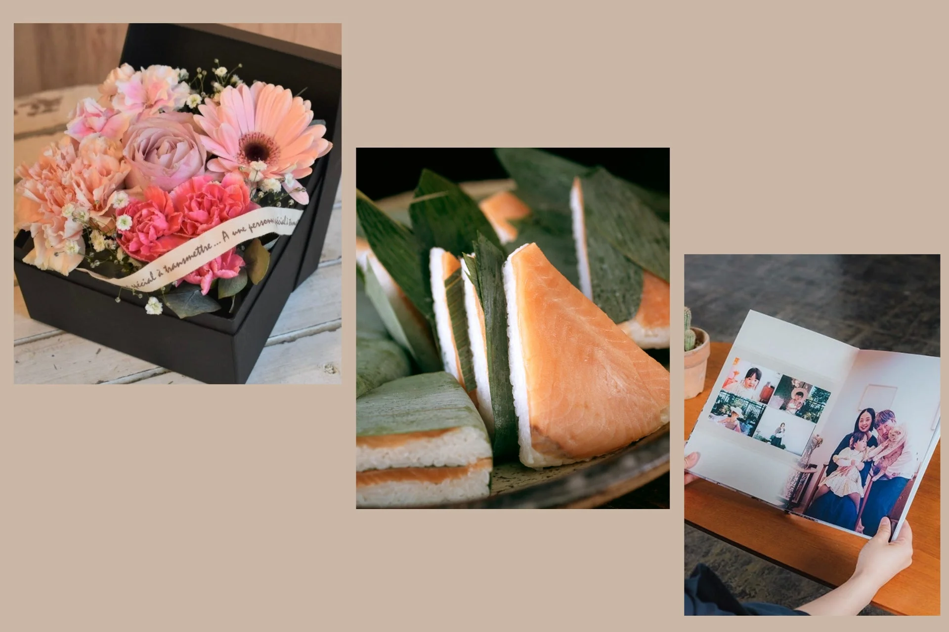 花束、寿司、写真アルバムのオプション