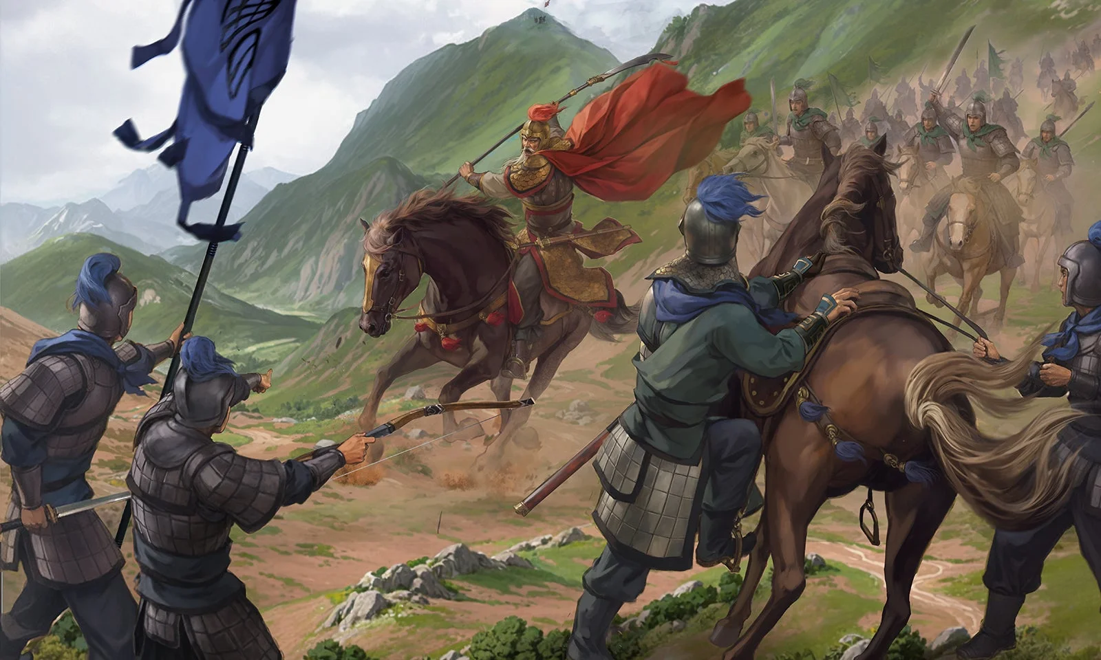 山岳地帯で繰り広げられる古代の戦いのイラスト