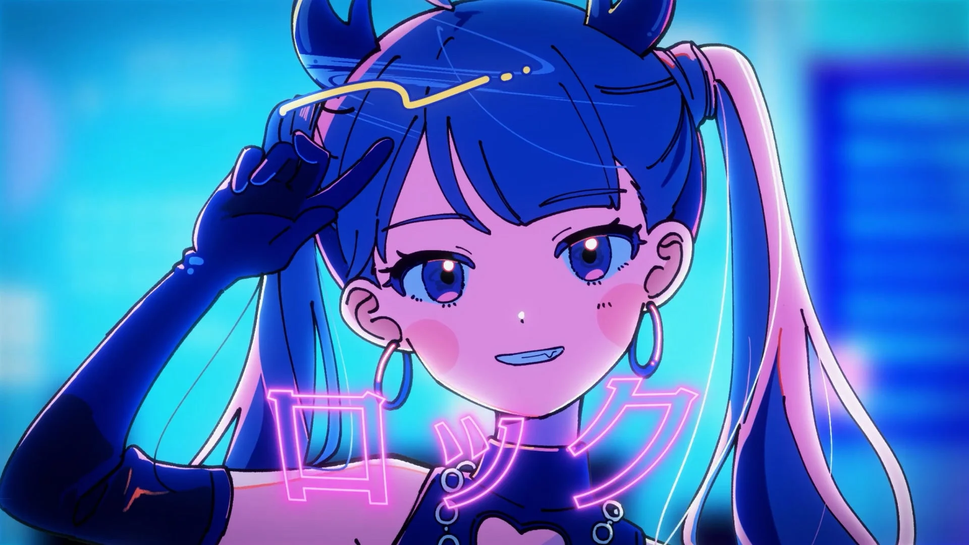 青い髪のツインテールで角を生やした少女のイラスト