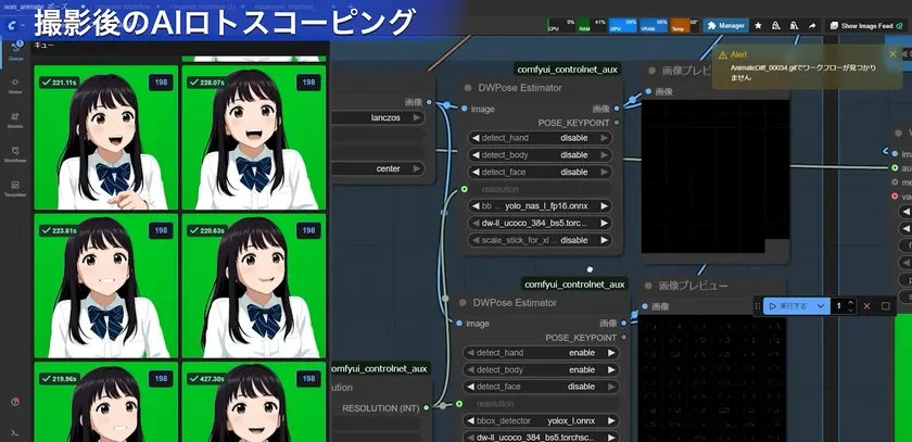 AIによるロトスコープ処理を示すソフトウェアインターフェース。左側にはアニメキャラクターの顔画像がグリッド表示され、右側にはDWPose Estimatorなどのノードベースのワークフローと警告メッセージが見える。画像処理の進行状況や設定が確認できる画面。
