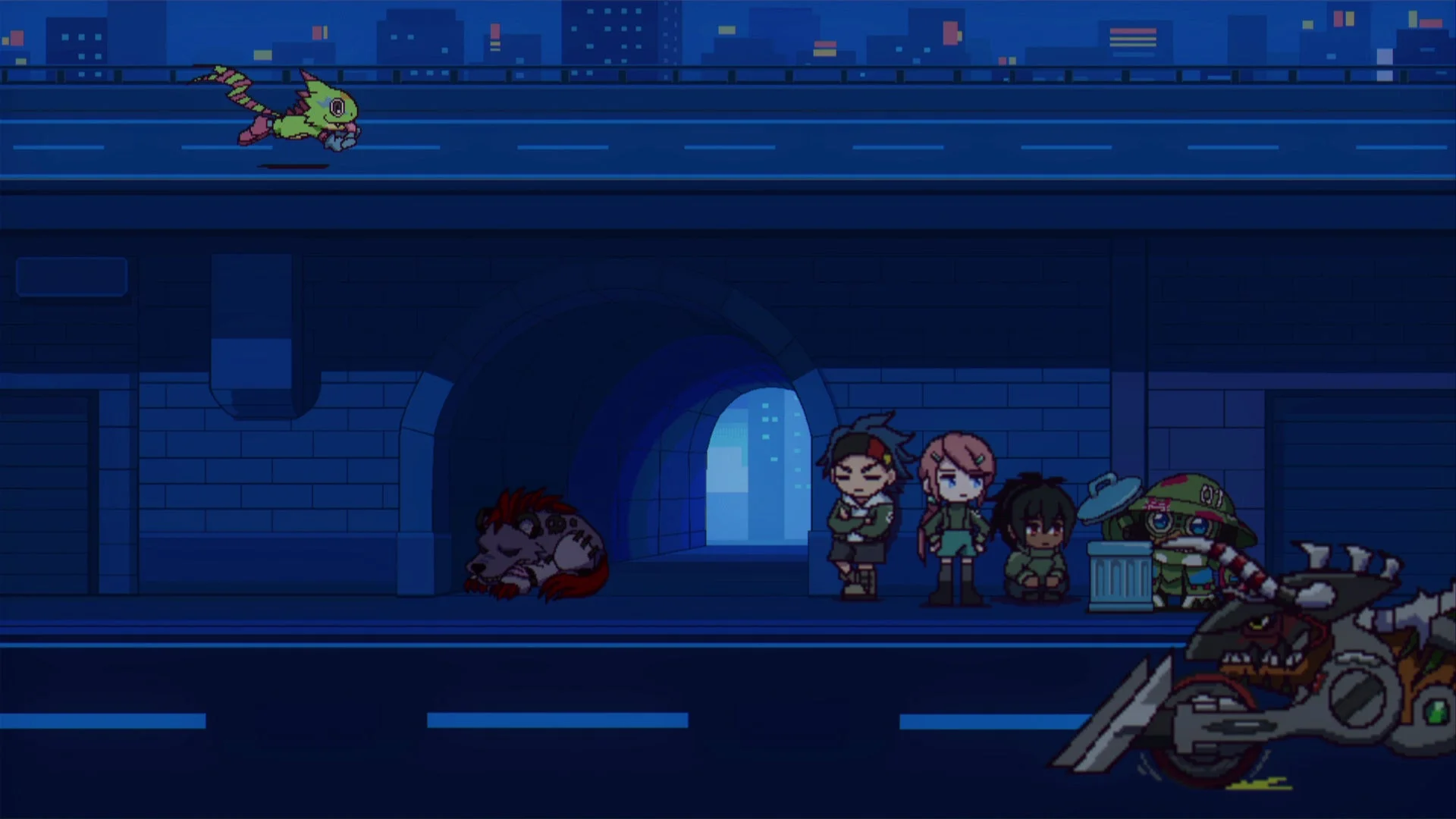夜の都市のアンダーパスで、ピクセルアート風の多様なキャラクターや生物たちが集まっている様子