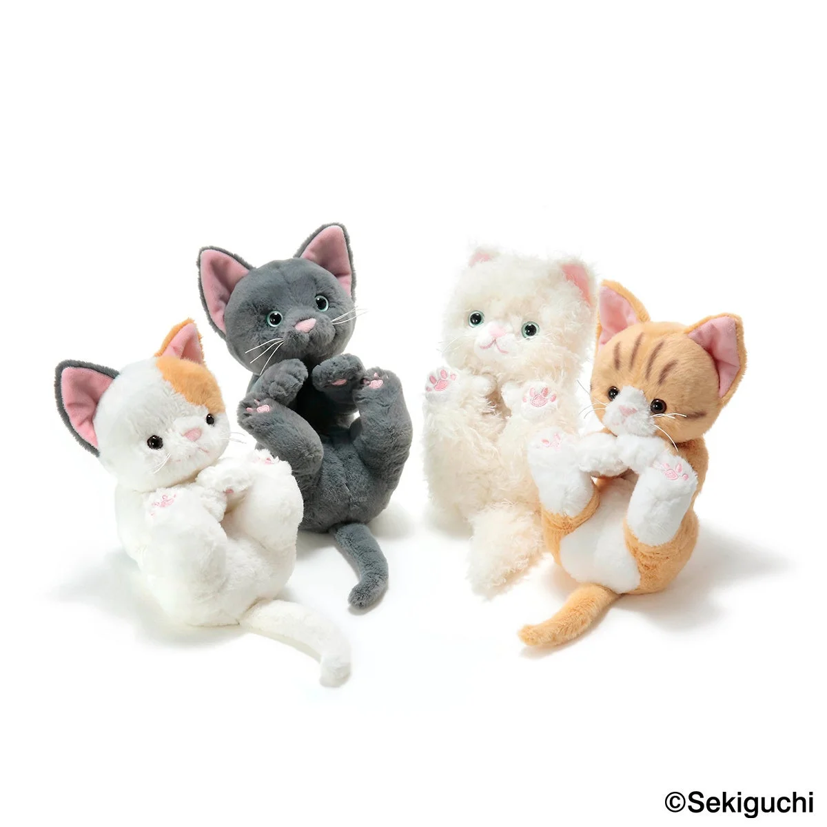 様々な色の猫のぬいぐるみが4匹並んでいる様子