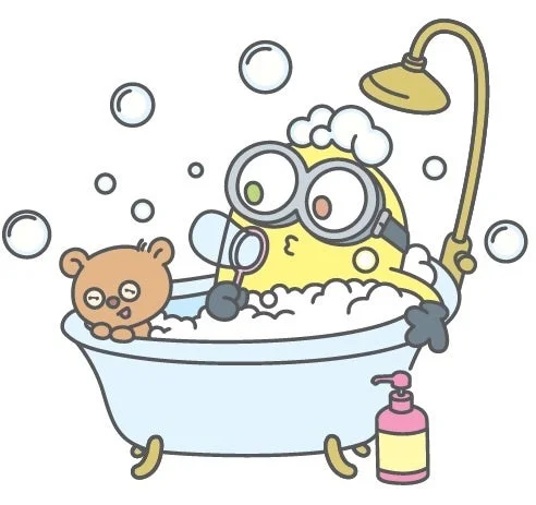ミニオンとティムが泡風呂を楽しむイラスト