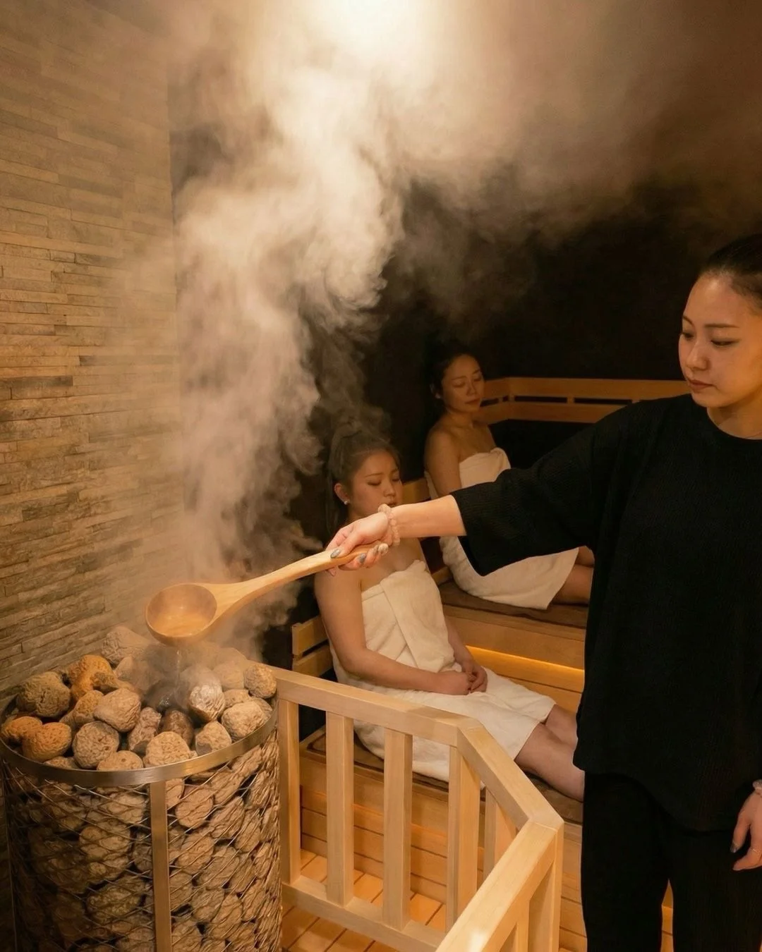 サウナでロウリュを楽しむ女性たちの様子