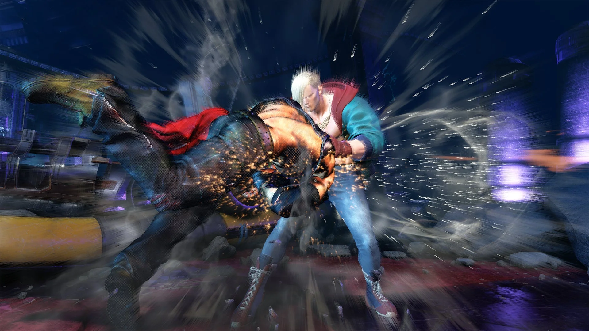 格闘ゲームの一場面で、金髪の男性キャラクターが相手の男性に強烈な攻撃を繰り出している瞬間。激しいエフェクトが飛び散り、緊迫感あふれるバトルシーンが描かれている。