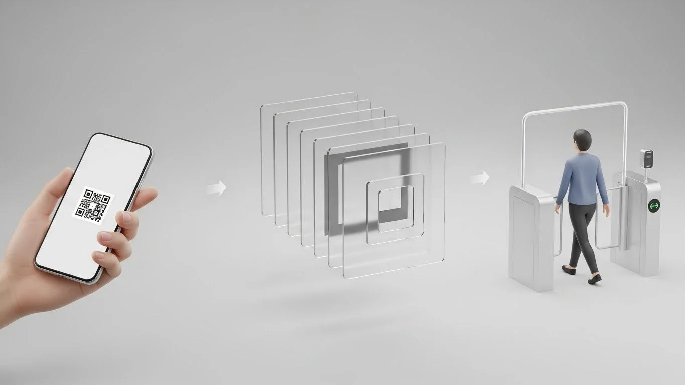 スマートフォンに表示されたQRコードを使って入場ゲートを通過する様子