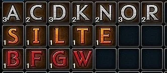 ゲームの画面の一部で、アルファベットの文字タイルとそれに付随する数字がグリッド状に並んでいます