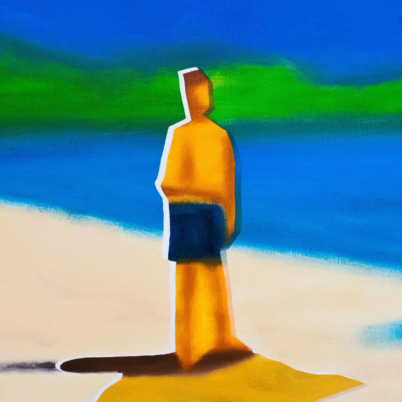 砂浜に立つ黄色い人影を描いた抽象的な絵画