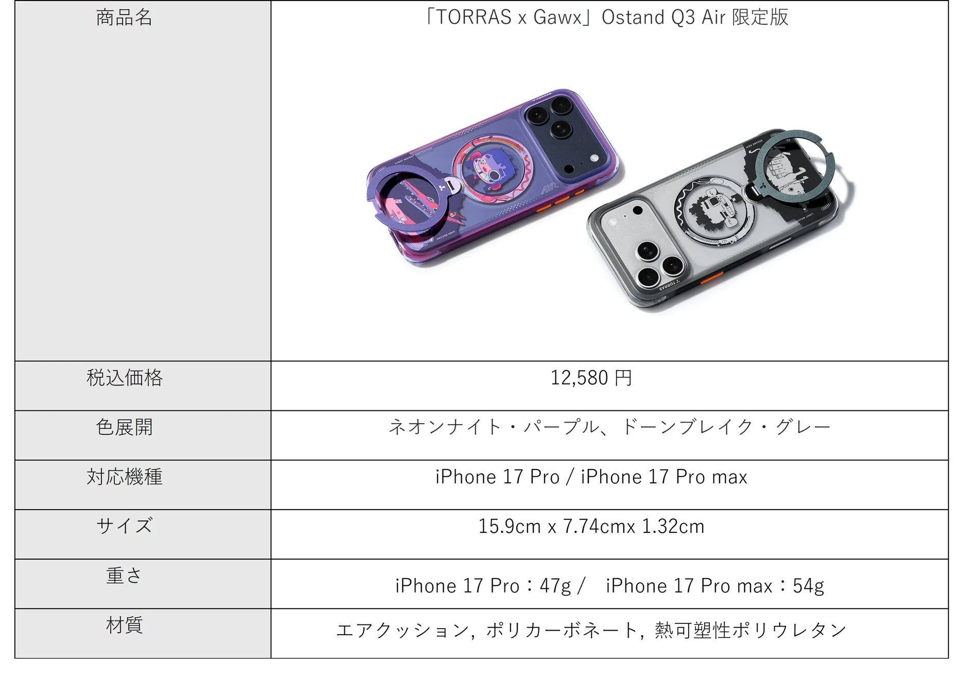 TORRAS x Gawx Ostand Q3 Air限定版 製品仕様