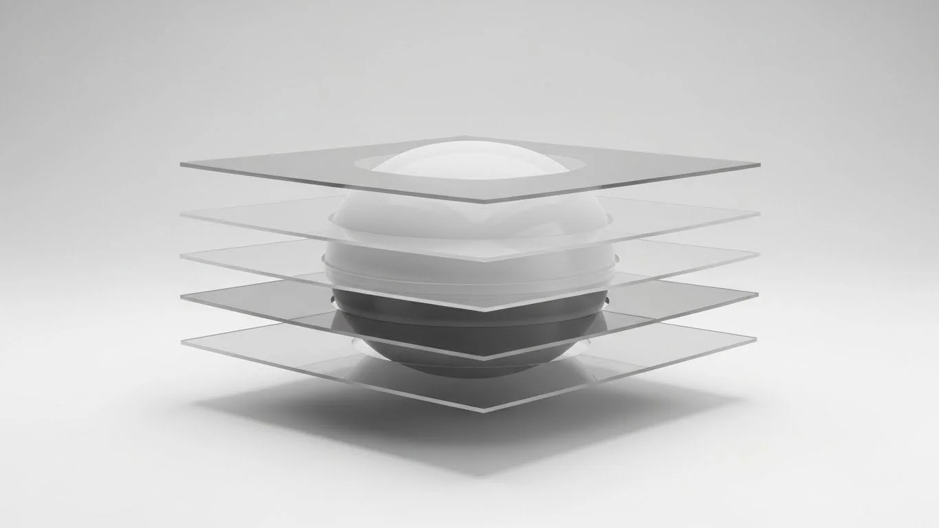白いドーム状の物体と黒い台座を中心に、透明な正方形の板が等間隔に積層されたミニマリストな3Dレンダリング画像
