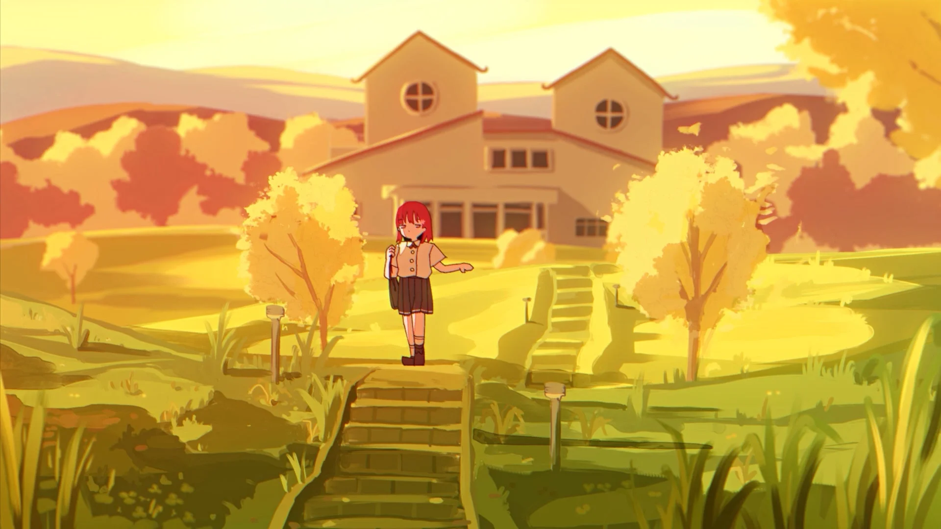 夕焼けに染まる丘陵地帯に立つ少女のイラスト