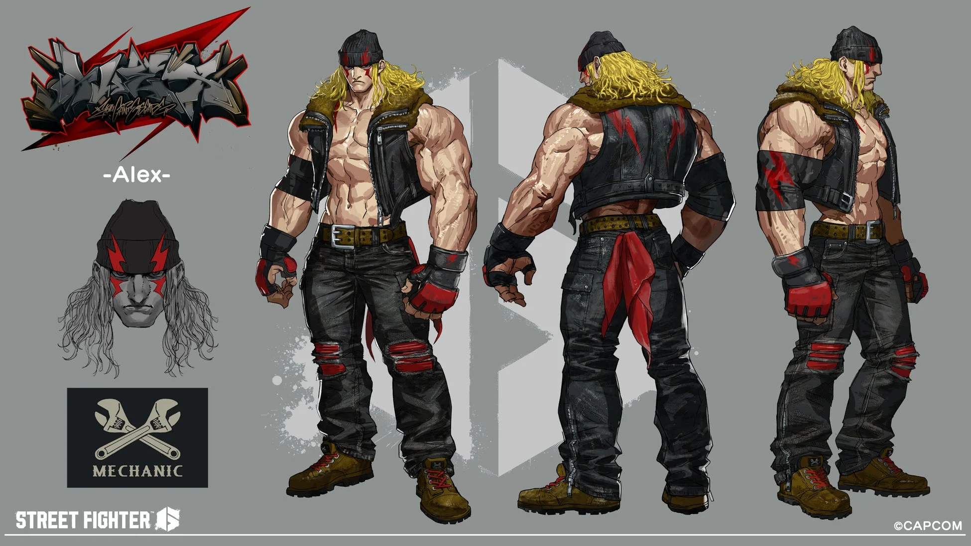 ストリートファイターのキャラクター、アレックスのコンセプトアートです。正面、背面、側面からの全身像に加え、顔のアップや「MECHANIC」のロゴも描かれており、彼の特徴的なコスチュームや肉体美が詳細に表現されています。