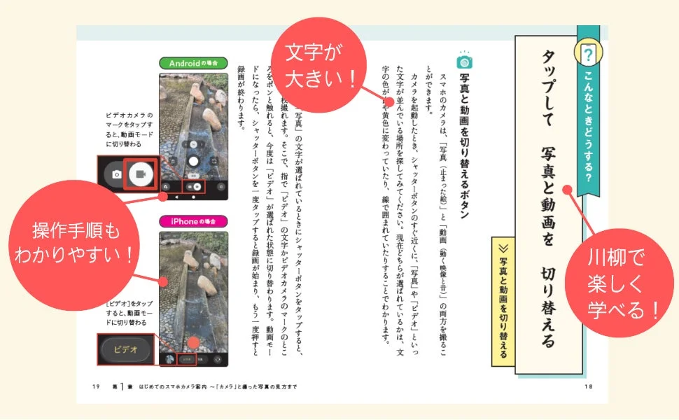 カメラと動画の切り替え操作説明の紙面イメージ