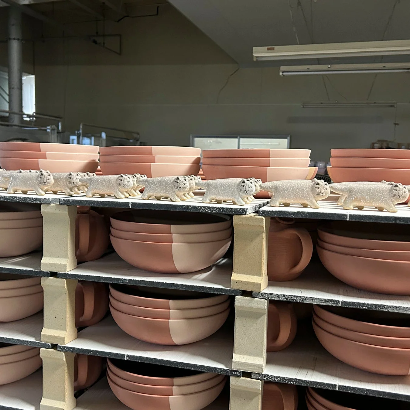 陶器工房の棚に、淡いピンクとベージュのツートンカラーのボウルが多数積み重ねられています。一番上の棚には、白い猫の置物が整列して並べられており、制作途中の美しい陶器が並ぶ様子が伺えます。
