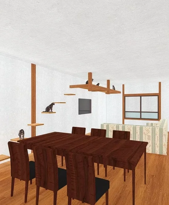 部屋、インテリア、ダイニング、リビング、猫、キャットタワー、キャットステップ、家具、木材、モダン、室内