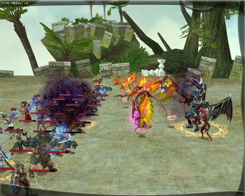 ファンタジーMMORPGの戦闘シーン。多数のプレイヤーキャラクターと様々なモンスターが入り乱れて戦っており