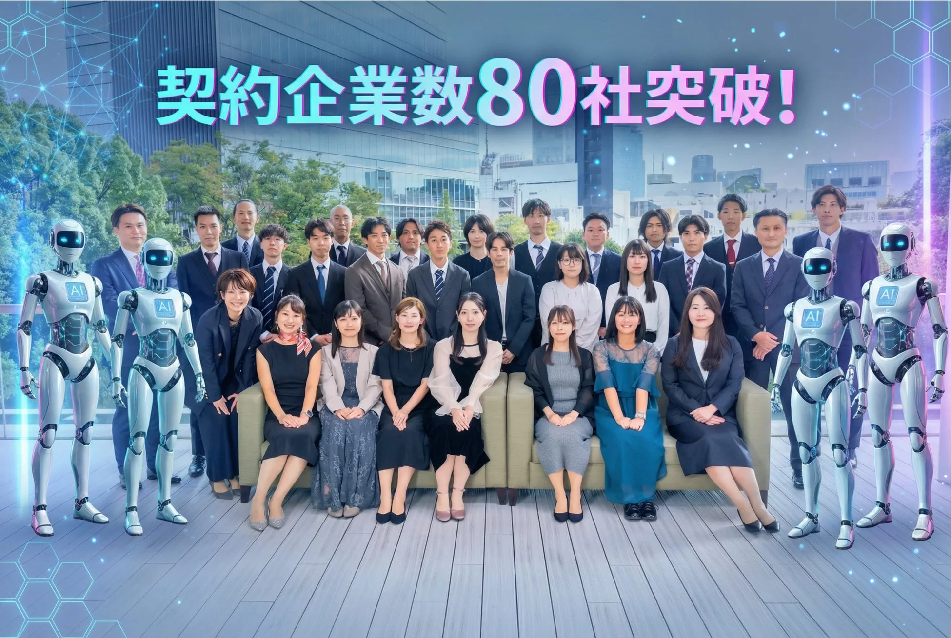 ビジネススーツを着た人々がAIロボットと共に並び、「契約企業数80社突破!」という文字が書かれた記念写真。企業の成長と技術の融合を象徴する一枚。