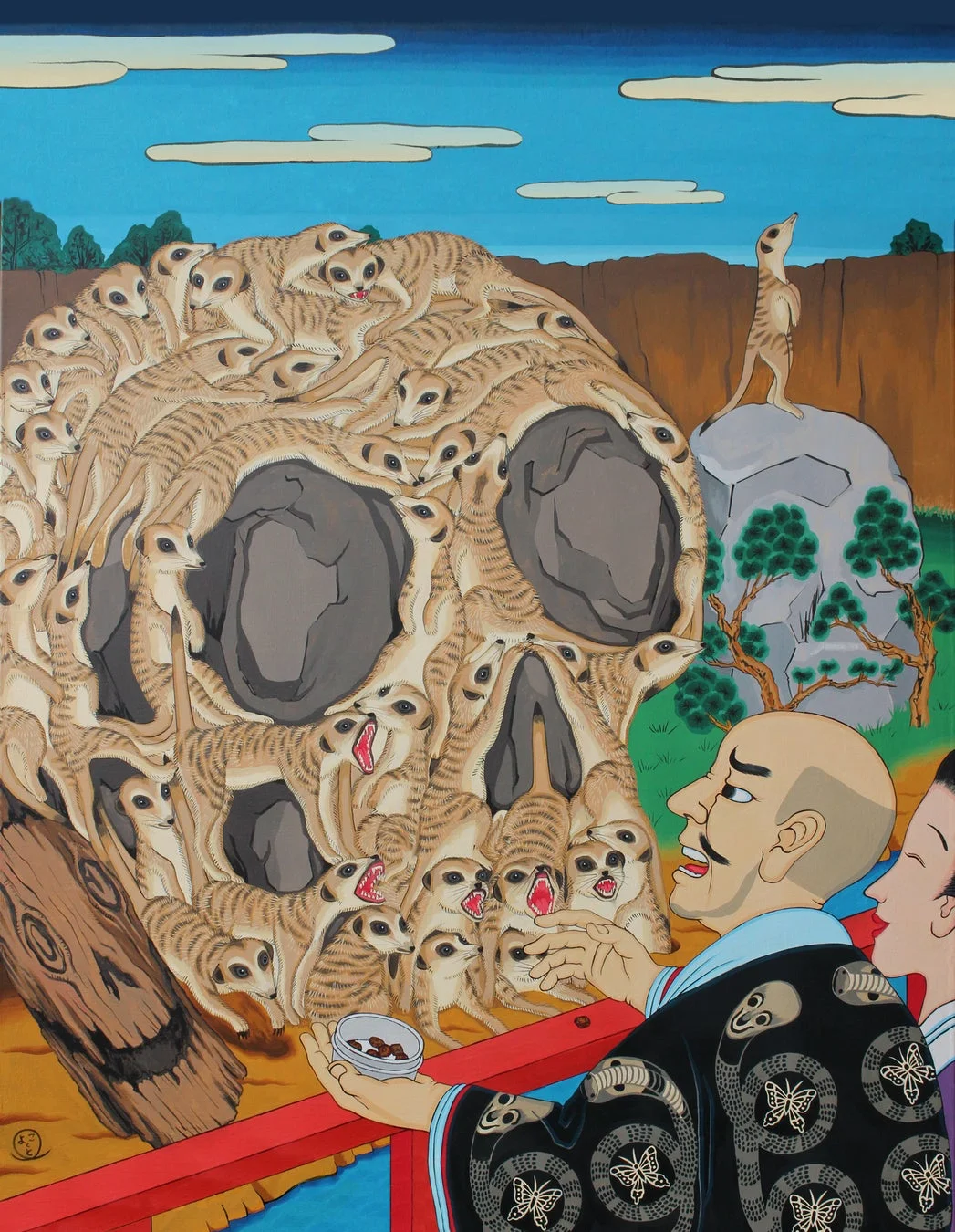 ミーアキャットが人間の頭蓋骨の形をなしている絵画