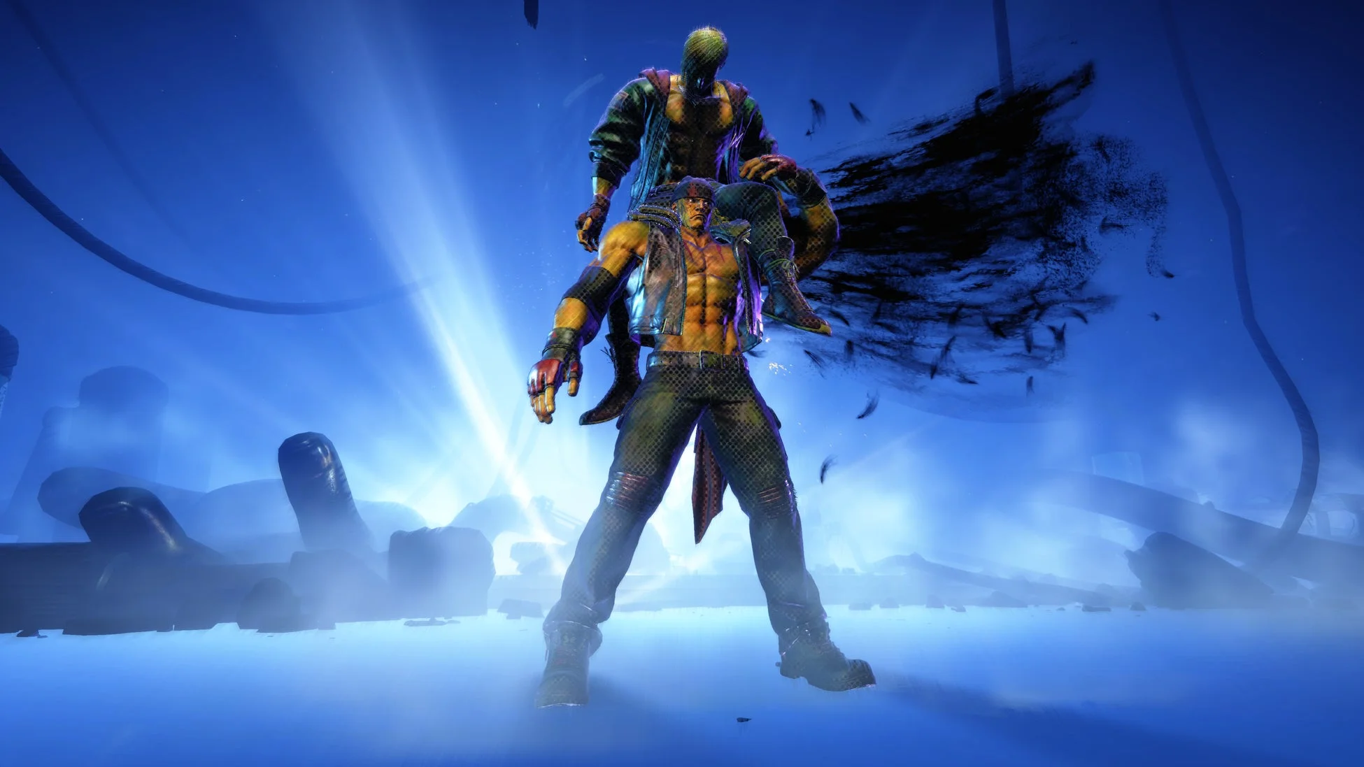 青い光に包まれた幻想的な背景の中、筋肉質な男性キャラクターが別の不気味なキャラクターを肩に担いでいる様子です。ビデオゲームの登場人物のような、力強く神秘的なシーンが描かれています。