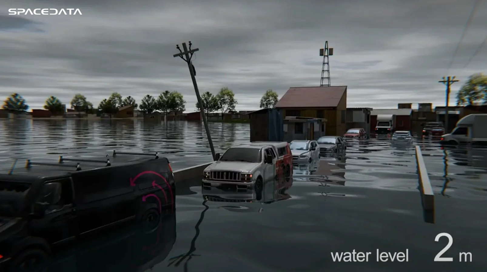 洪水により道路が浸水し、多数の車が水没している都市のシミュレーション