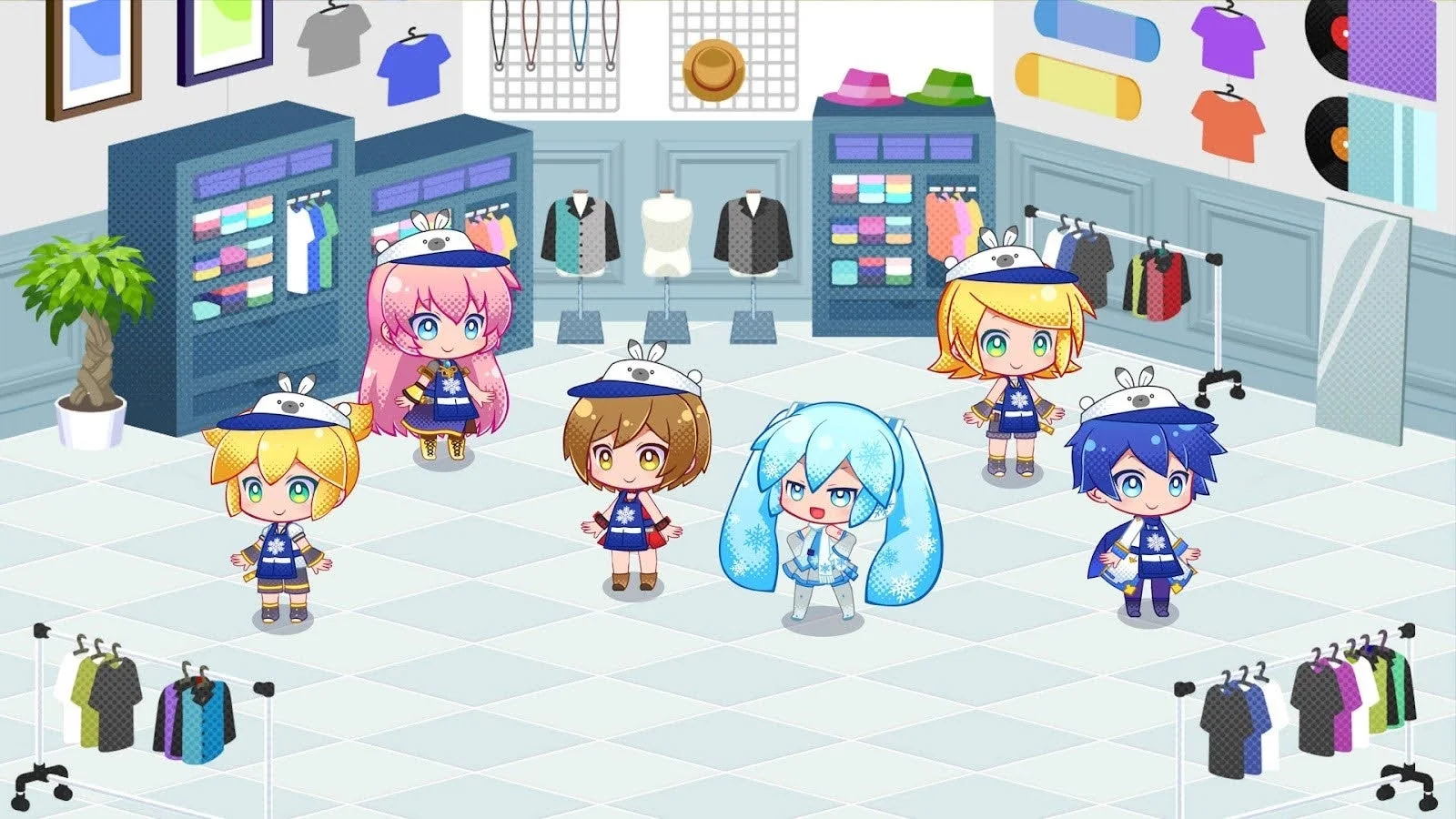 雪の結晶模様のセーラー服を着たボーカロイドちびキャラ