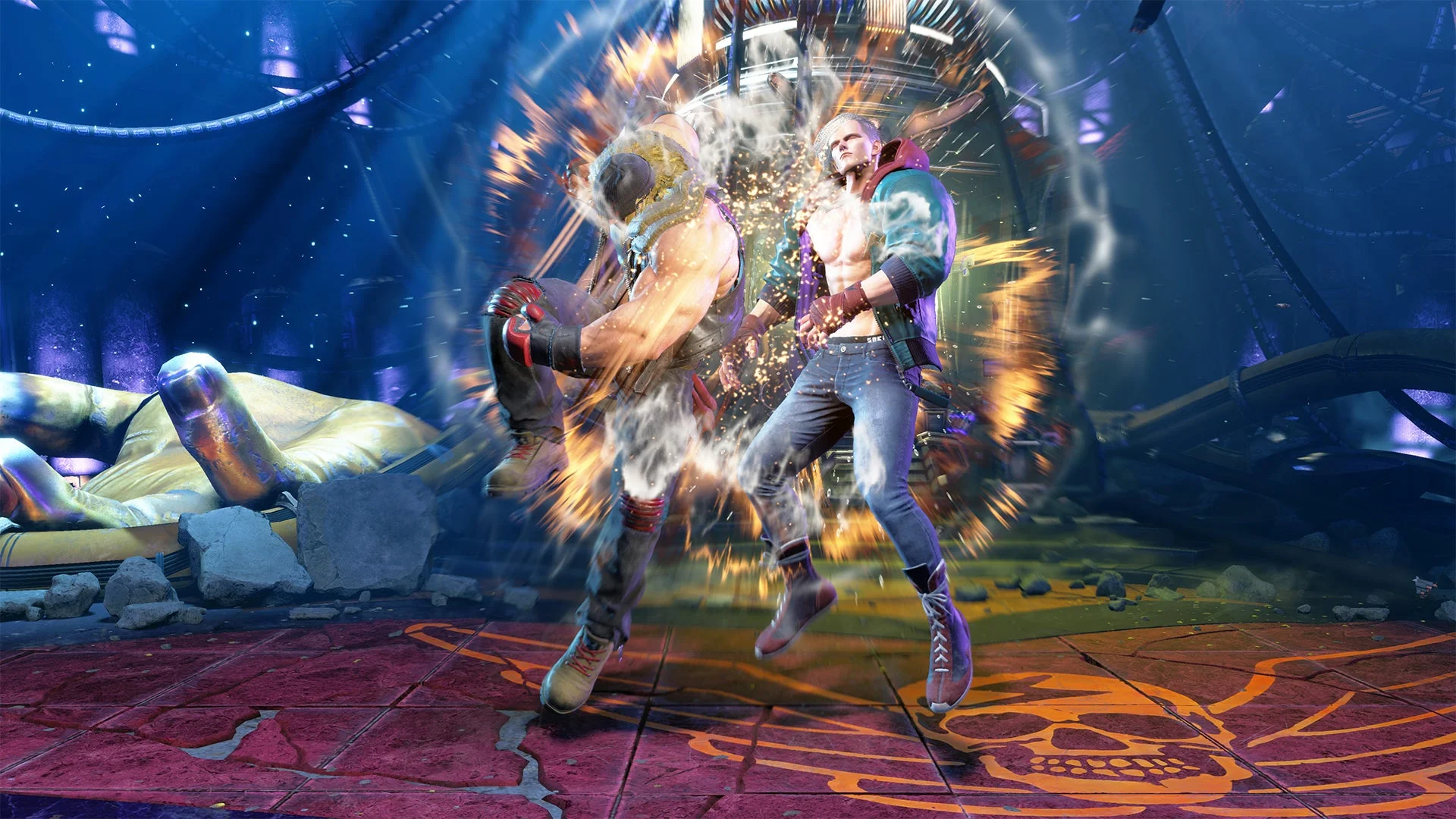 格闘ゲーム「ストリートファイター6」の激しいバトルシーンで、ルークとケンが強力な攻撃エフェクトを伴いながら対峙しています。未来的なステージで繰り広げられる、緊迫した瞬間の描写です。