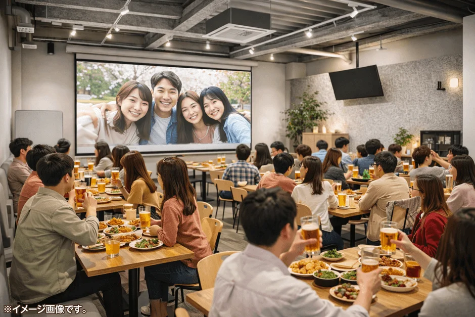 パーティーで映像を鑑賞する人々