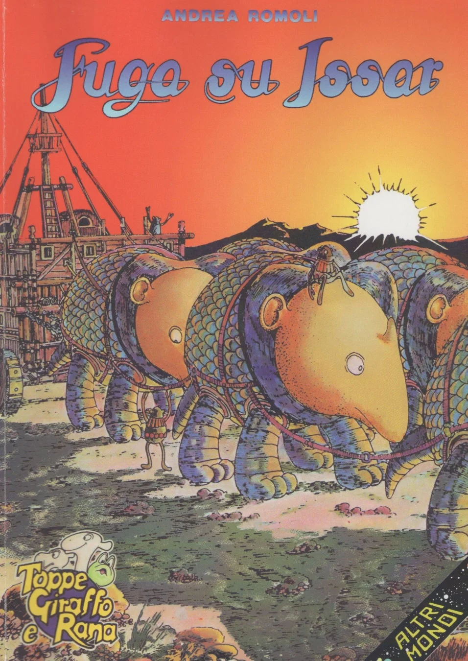 夕焼けの空の下、奇妙な装甲をまとった巨大な生物たちが進むファンタジーイラスト