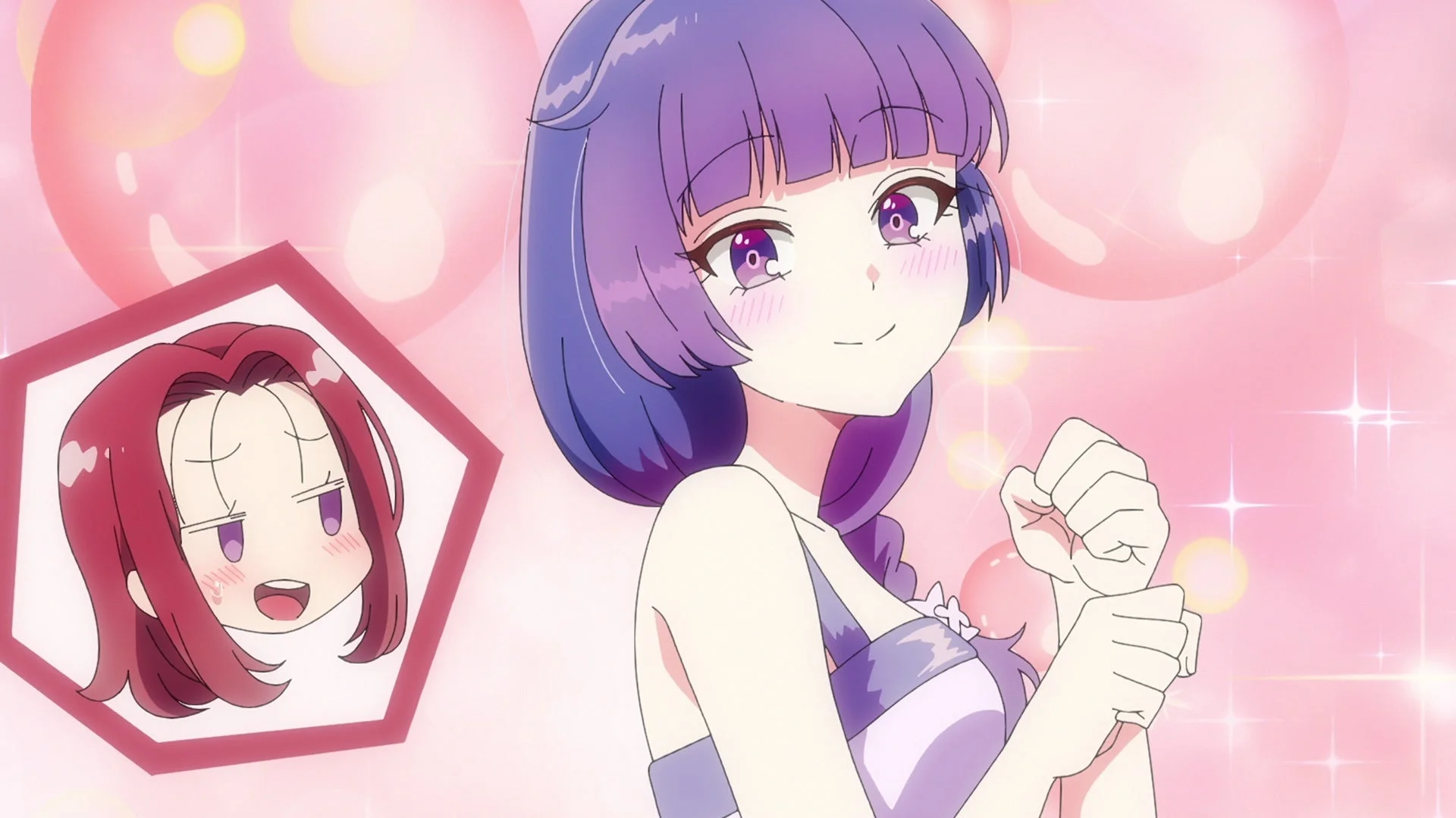 紫髪の女性が笑顔、赤髪のキャラクターアイコン