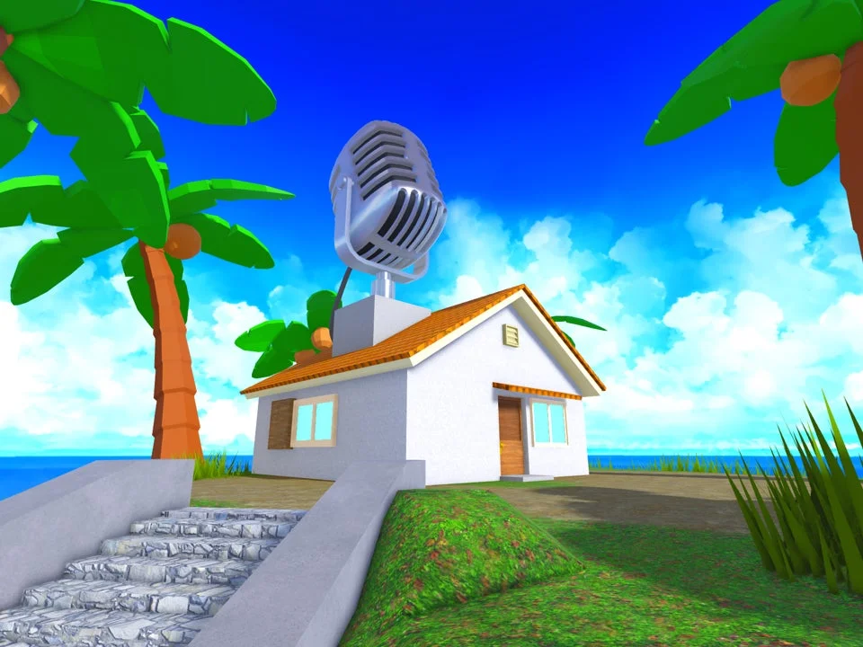 海とヤシの木に囲まれた白い家