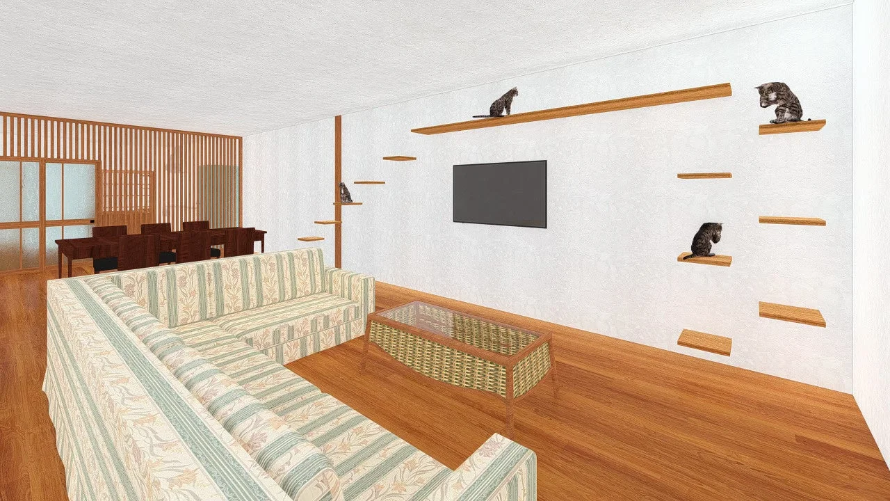 リビングルーム、猫、キャットウォーク、ソファー、テレビ、ダイニングルーム、インテリア、ペット共生、木製家具、モダン