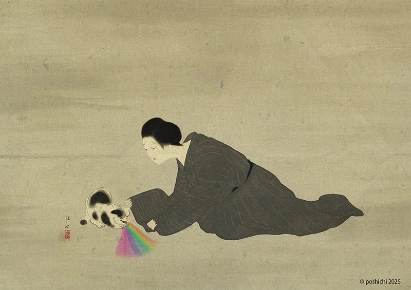 女性と虹を吐く猫のイラスト