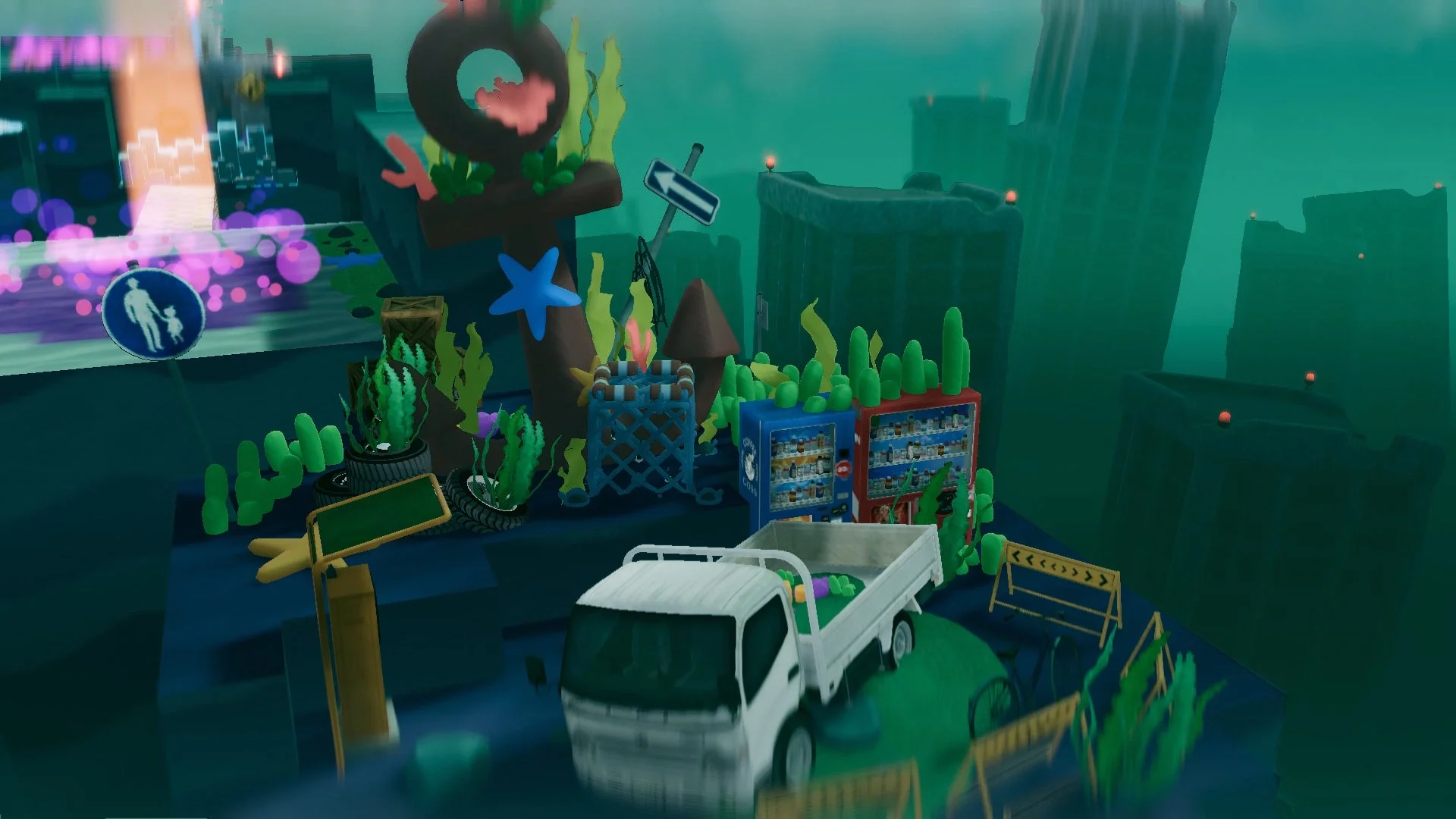 水中に沈んだ未来都市のような幻想的な風景。白いトラックや自動販売機、道路標識が海底にあり、サンゴや海藻のような植物が繁茂している。遠景には水没した高層ビルがそびえ立つ。