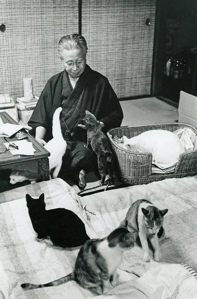 和室で老人と複数の猫の白黒写真